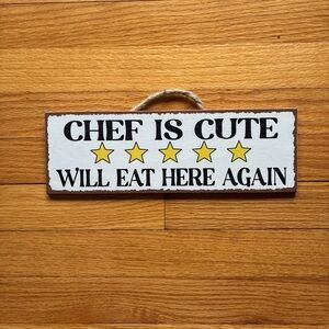 "Chef Is Cute" Decorative Hanging Sign - White with Yellow Stars
